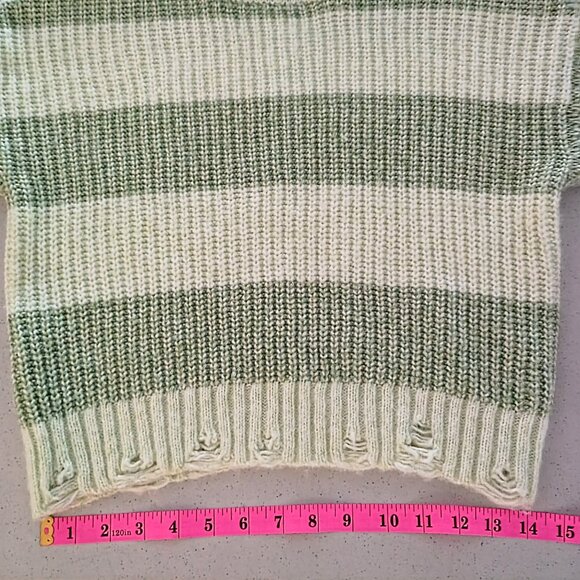 Sage & Cream Chunky Striped Knit Sweater – Mock Neck, Distressed Hem (Size M) - Picture 10 of 14